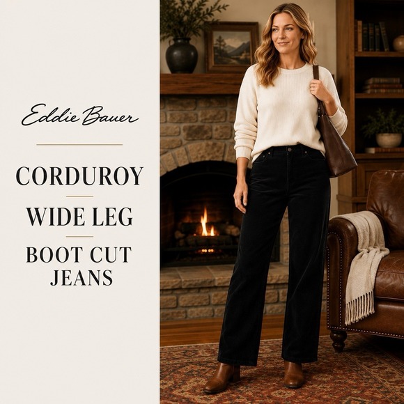 Eddie Bauer Pants - Eddie Bauer Corduroy Pants Jeans Womens 14 Black Mid Rise Wide Leg Bootcut Work